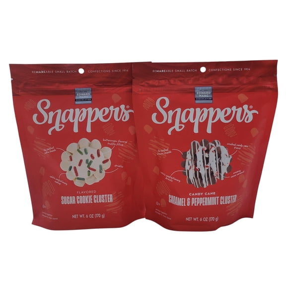 Snappers Holiday Cluster Treats Pack of 2 Sugar Cookie Cluster 6 oz & Candy Cane Caramel Peppermint Cluster 6 oz