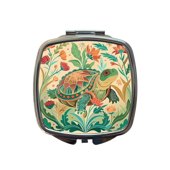 Snapping Turtle Botanical Art Nouveau Travel Makeup Handbag Purse Small Pocket Compact Mirror