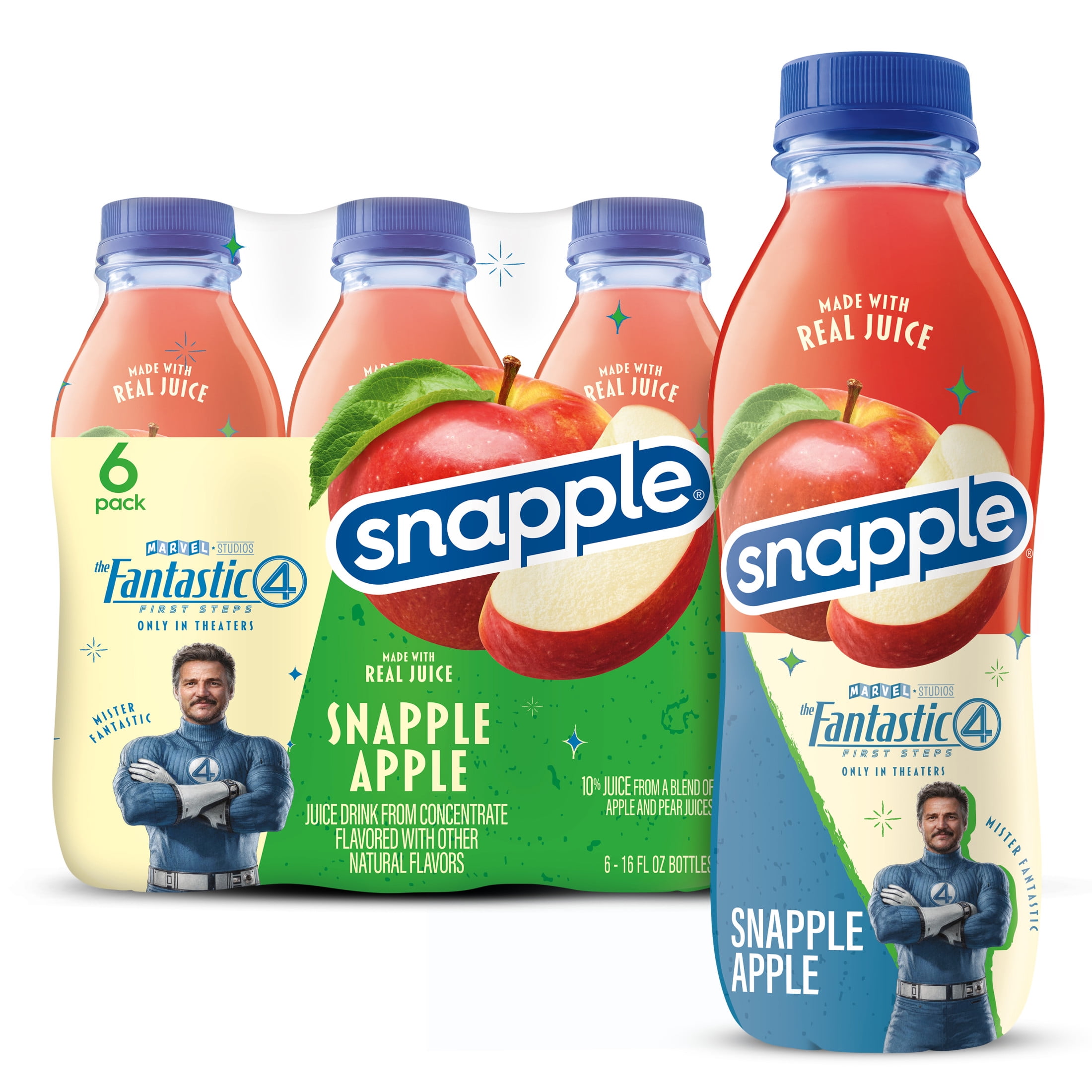 Snapple Apple Juice Drink, 16 fl oz recycled plastic bottle, 6 pack, The Fantastic Four: First Steps Limited Edition