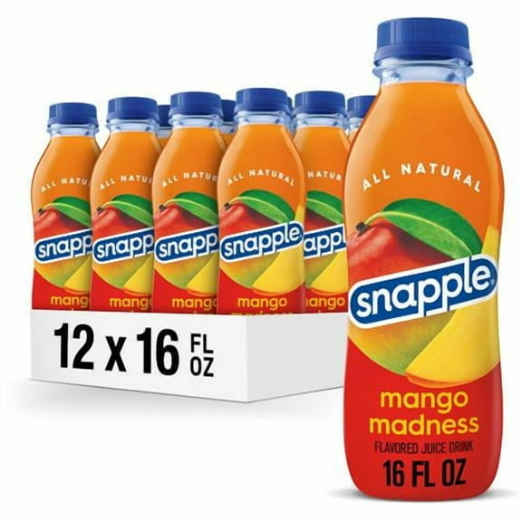 Snapple Mango Madness Flavored Juice Drink, 16 Fl Oz Recycled Plastic Bottle, Pack Of 12 Packaging May Vary