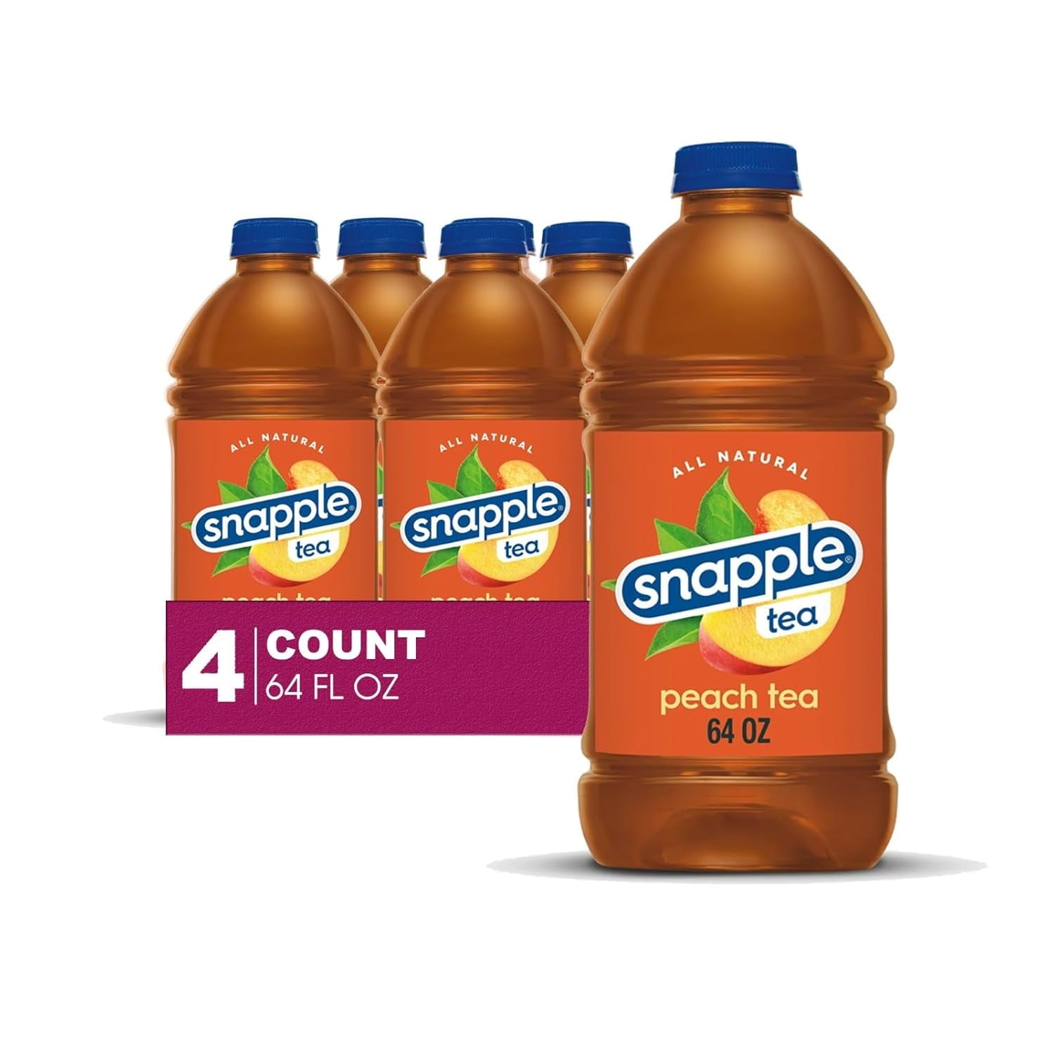 Snapple Peach All Natural Juice Drink, Gluten-Free, 4-Pack, 64 fl oz Plastic Bottles