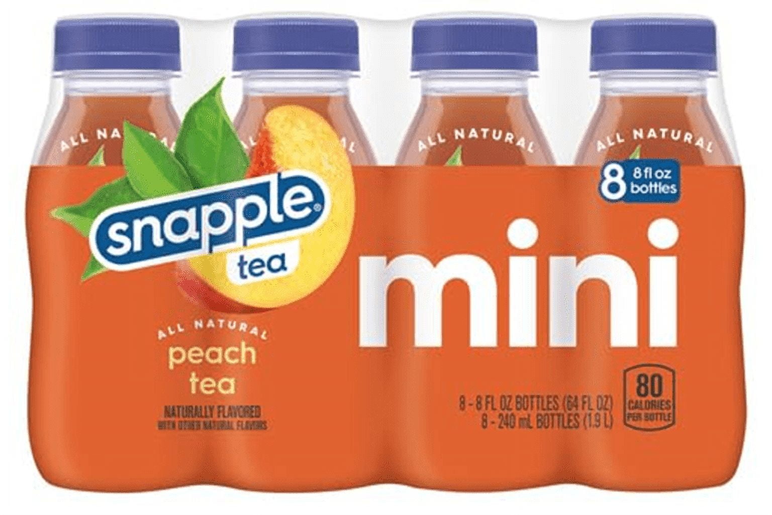 Snapple Peach Tea, 8 fl oz Recycled Plastic Bottle, Pack of 8