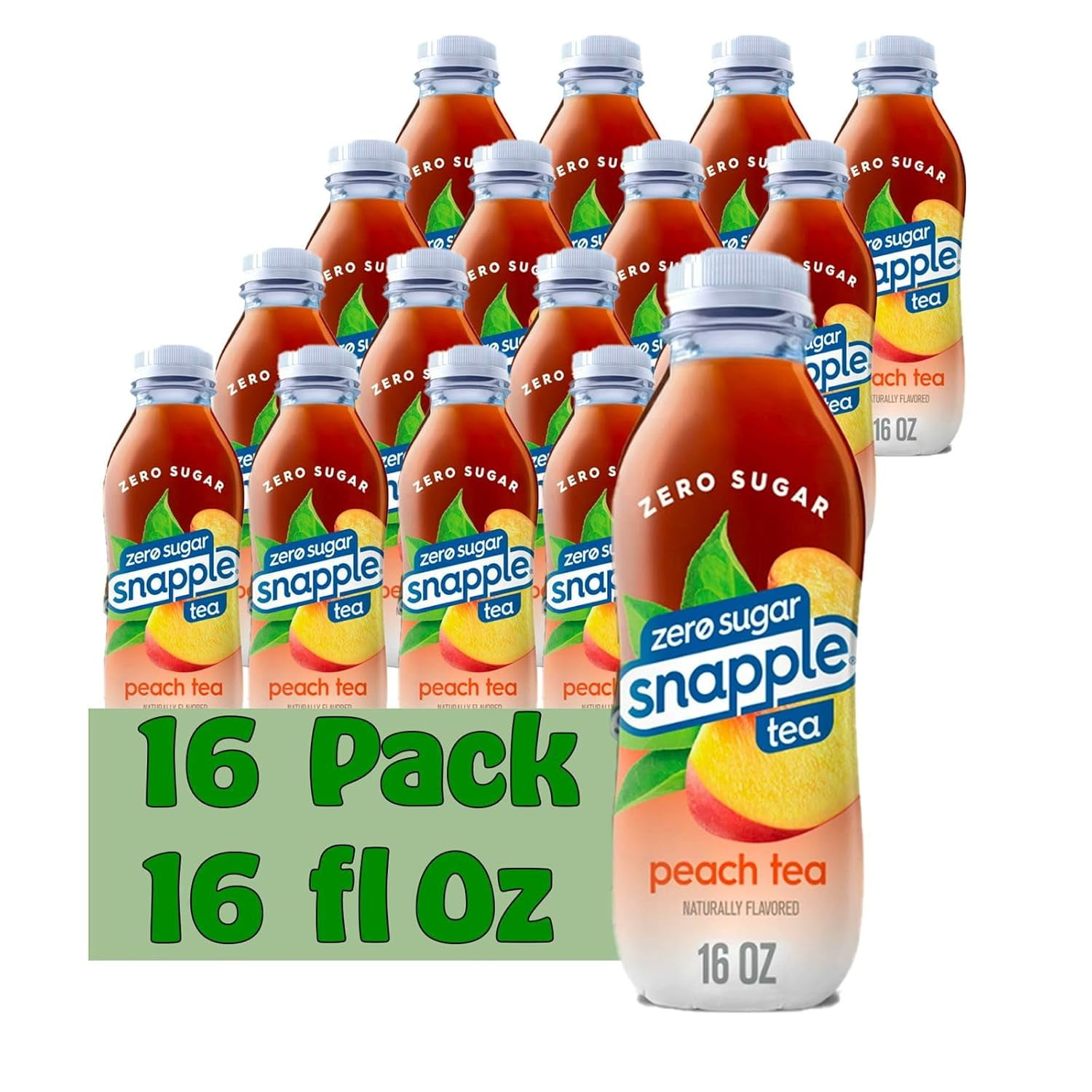 Snapple Zero Sugar Peach All Natural Fruit Juice Drink, 16 fl oz Plastic Bottles, 16-Pack