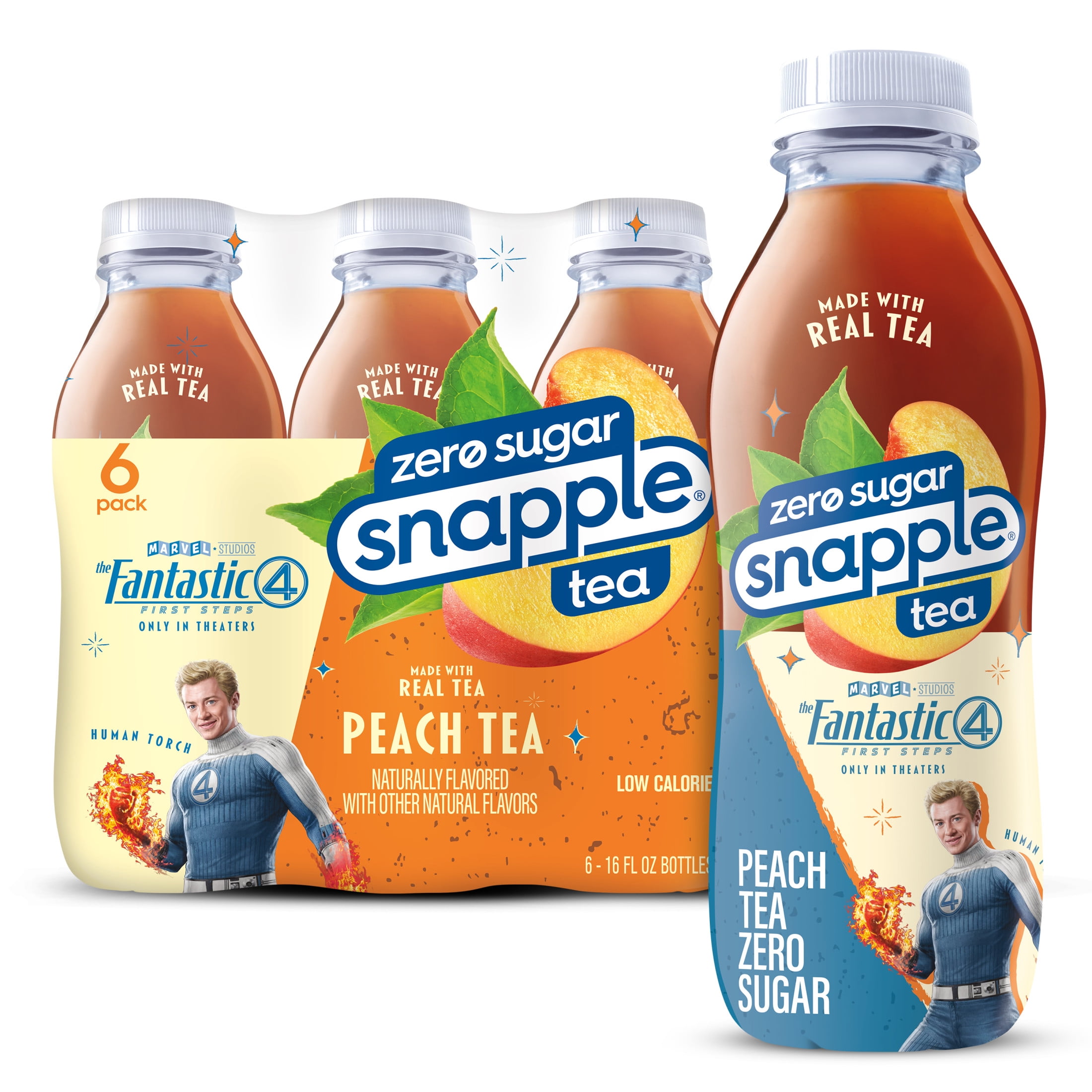 Snapple Zero Sugar Peach Tea, 16 fl oz recycled plastic bottle, 6 pack, The Fantastic Four: First Steps Limited Edition