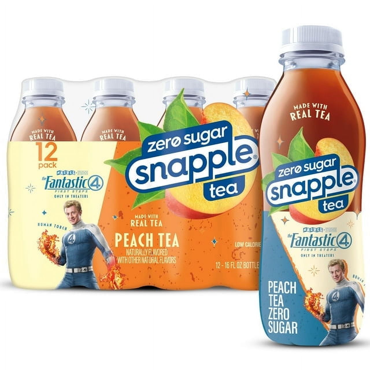 Snapple Zero Sugar Peach Tea, 16 fl oz recycled plastic bottle, 12