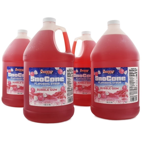 Snappy Bubble Gum Sno Cone Syrup, 1 Gallon 4 Pack, Ready to Use for Snow Cone Machines and Shaved Ice