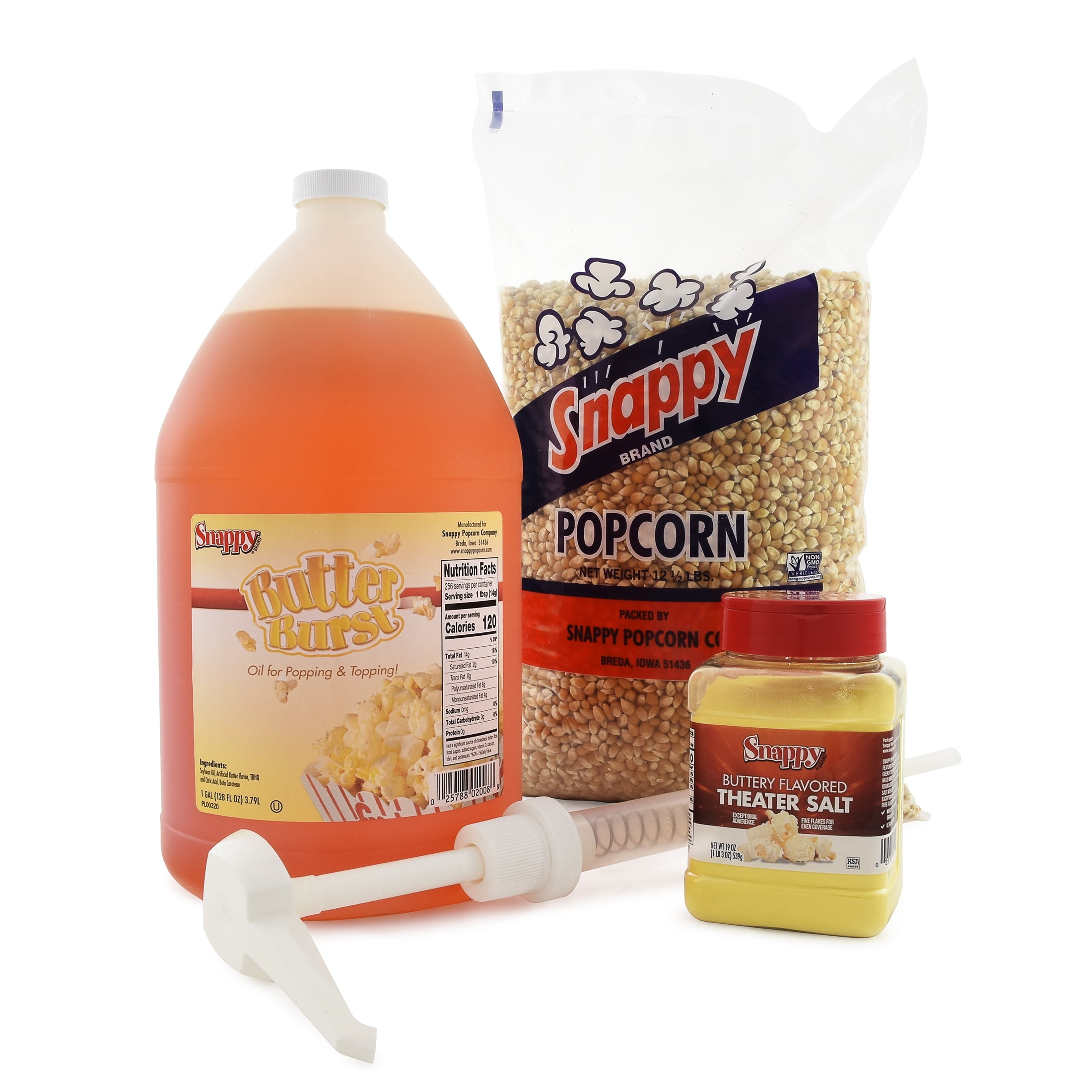 Snappy Butter Burst Popcorn Oil for Popping and Popcorn Topping, 12.5 lb Snappy Yellow Popcorn Kernels, Buttery Flavored Popcorn Salt and Oil Pump Dispenser for 1 Gallon Jug