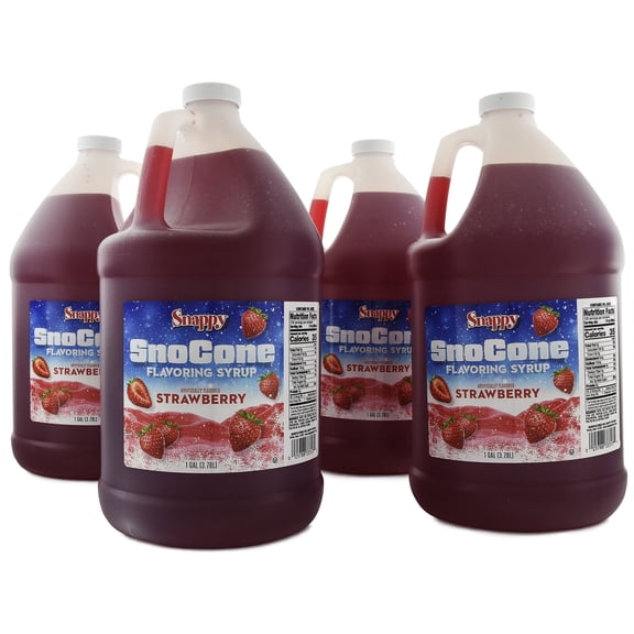 Snappy Strawberry Sno Cone Syrup, 1 Gallon 4 Pack, Ready to Use for Snow Cones and Shaved Ice
