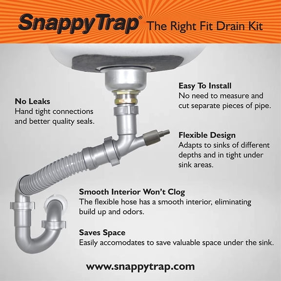 Snappy Trap Single Kitchen Sink Drain Kit, 1-1/2" with Flexible P-Trap, All-in-One Drain Kit for Single Bowl Kitchen Sinks, Universal Compatibility, No-Tool Easy Installation (DK-100 Silver)