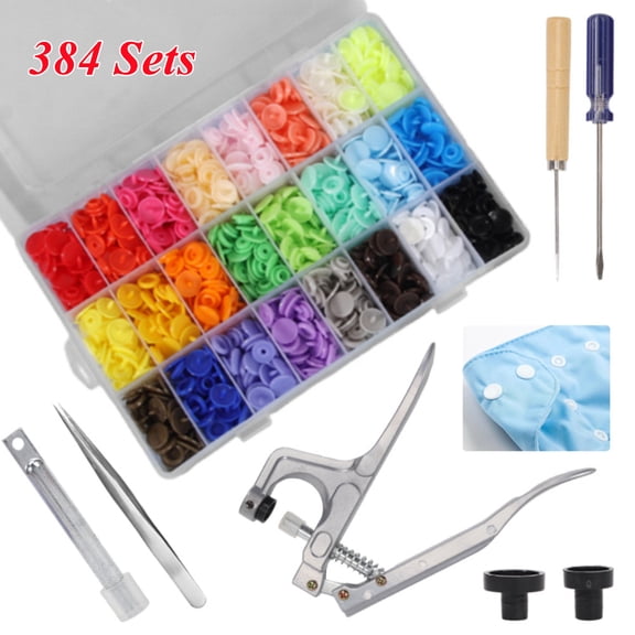 Snaps Buttons and Snap Pliers Set, Plastic Snap Fastener Kit with Plier Screwdriver Awl and Storage Case, 384 Sets T5 Plastic Buttons for Adult Sewing and Crafting