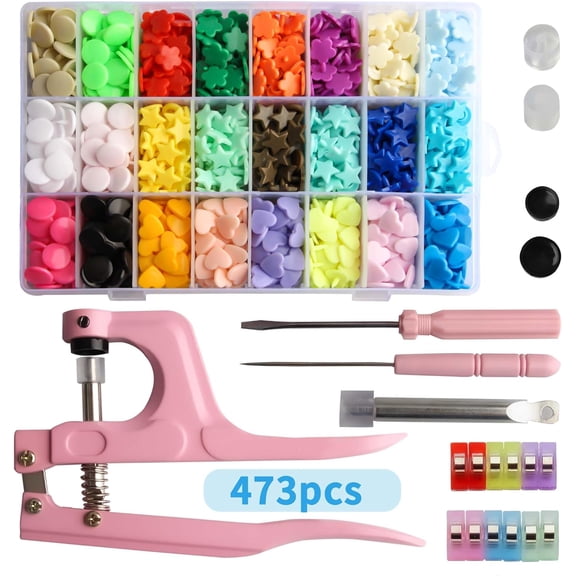 Snaps and Snap Pliers Set, 473 Heart/Star/Round/Flower Snap Pliers, 24 Colors, No Sew Buttons Fastener Setter Hand Tool for Sewing & Crafting