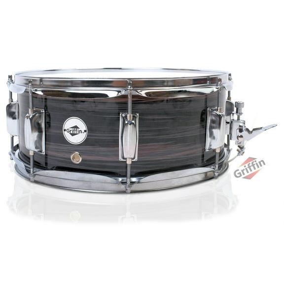 Snare Drum by Griffin 14" x 5.5" Poplar Wood Shell with Zebra PVC Glossy Finish Percussion Musical Instrument with Drummers Key for Students & Professionals 8 Tuning Lugs & Snare Strainer