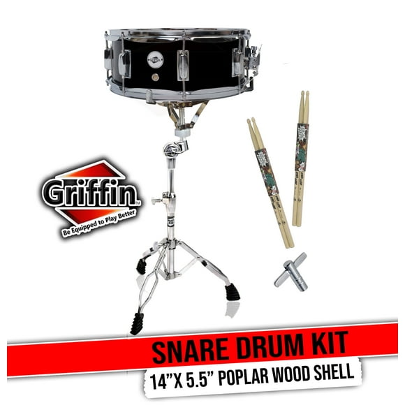 Griffin Snare Drum Kit + Snare Stand, 2 Pairs Maple Wood Drum Sticks & Drum Key