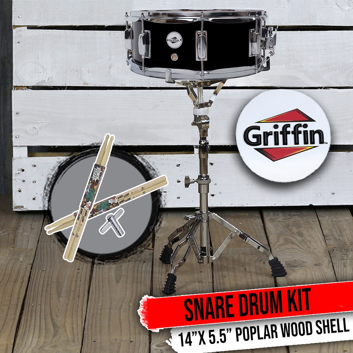 Griffin Snare Drum Kit + Snare Stand, 2 Pairs Maple Wood Drum Sticks & Drum Key