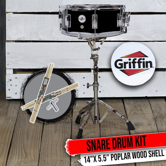 Griffin Snare Drum Kit + Snare Stand, 2 Pairs Maple Wood Drum Sticks & Drum Key