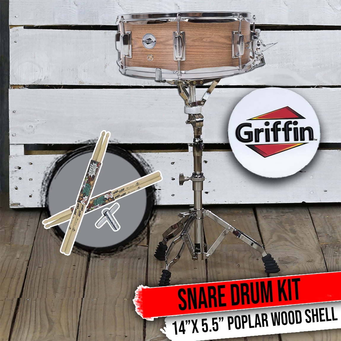 Snare Drum Pack by Griffin - Drummers Percussion Kit Stand Set Wood Maple Sticks