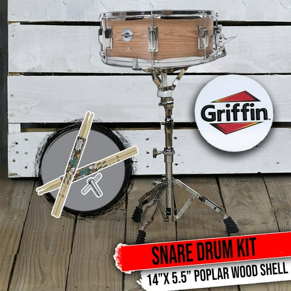 Snare Drum Pack by Griffin - Drummers Percussion Kit Stand Set Wood Maple Sticks