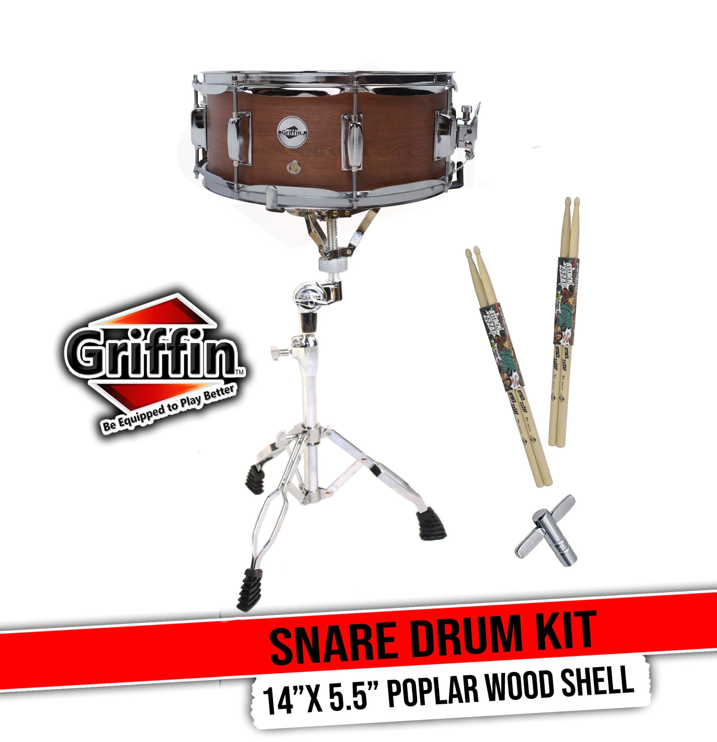Snare Drum Set by GRIFFIN - Includes Snare Stand, 2 Pairs of Maple Drum Sticks & Drum Key | Wood Shell Drum Set, Chrome Holder Acoustic Marching Percussion Musical Instrument Practice Package