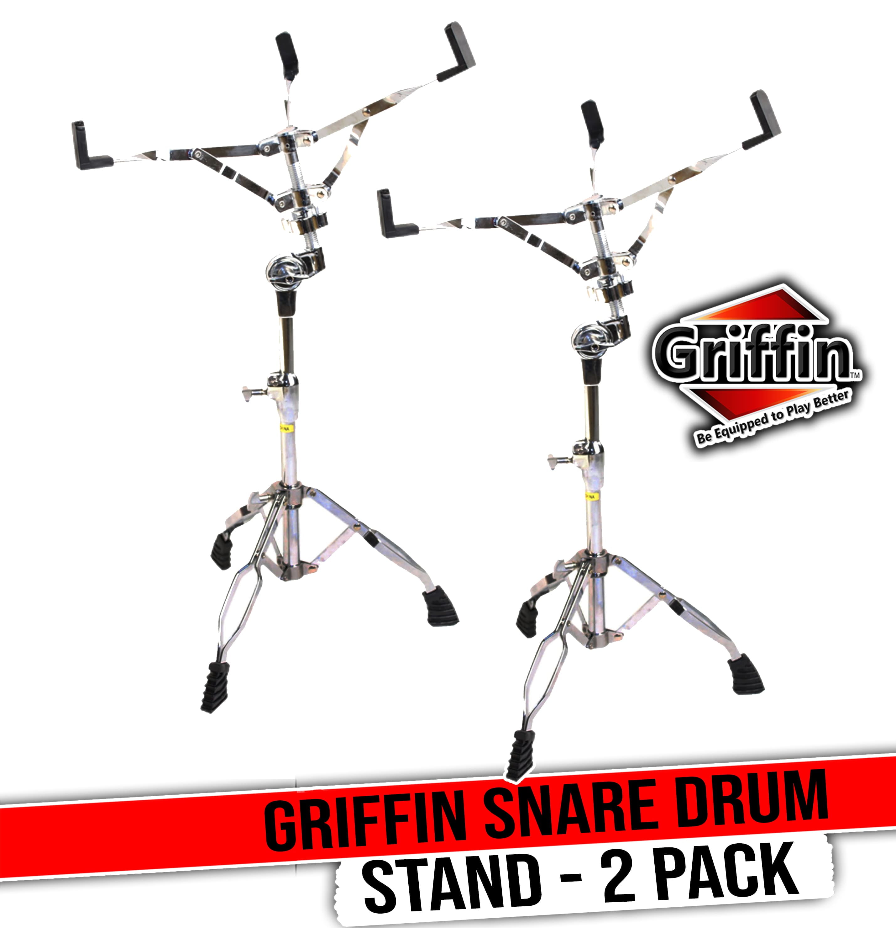 Snare Drum Stand (2-Pack) by GRIFFIN | Chrome Double-Braced Lightweight Mount for Snares, Tom Drums & Practice Pads | Slip-Proof Gear Tilter & Clamp-Style Basket Holder