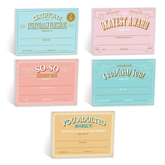 Snarky Achievement Certificate Fill In Sticky Note Pads / 6" x 4" Repositionable Office Humor Award Sticky Pads / 50 Sheets Per Pad / Set Of 5 Designs / Made In USA