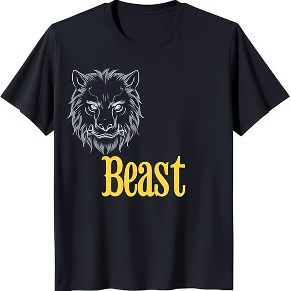 Snarling Lion Outline Graphic Black T-Shirt with 'Beast' in Bold Yellow