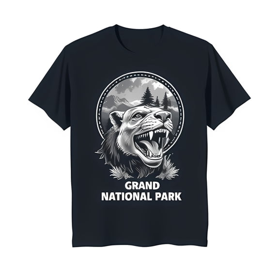 Snarling Mountain Lion Graphic T-Shirt Park Design in Dark Blue