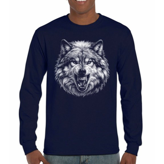 Snarling Wolf Portrait Long Sleeve T-shirt Fierce Monochrome Predator Alpha Wilderness Wild Animal Art Nature Forest