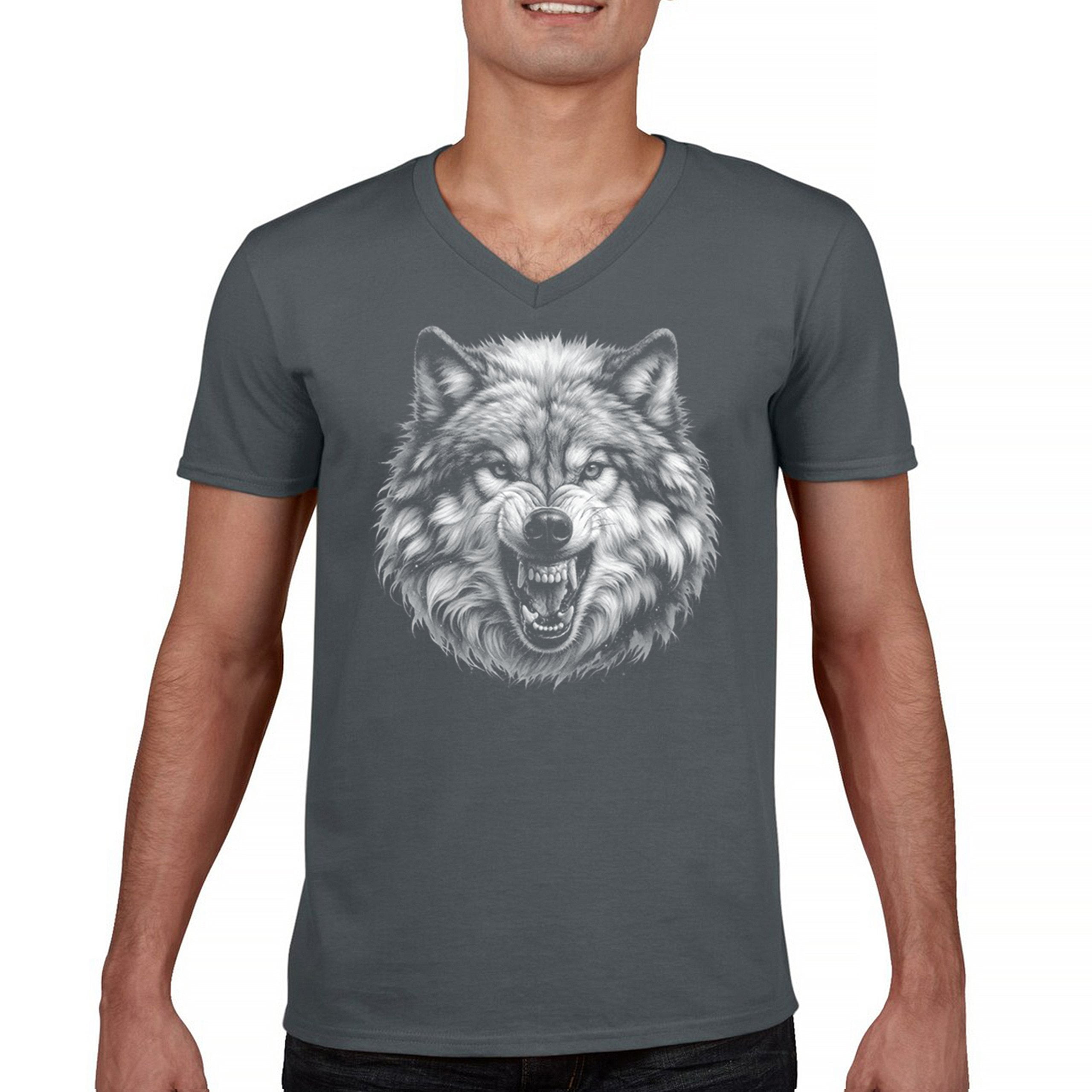 Snarling Wolf Portrait V-Neck T-shirt Fierce Monochrome Predator Alpha ...
