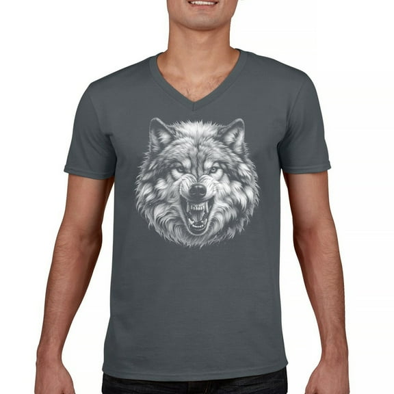 Snarling Wolf Portrait V-Neck T-shirt Fierce Monochrome Predator Alpha Wilderness Wild Animal Art Nature Forest Tee