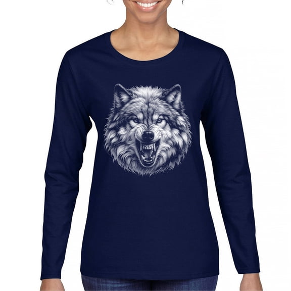 Snarling Wolf Portrait Women's Long Sleeve T-shirt Fierce Monochrome Predator Alpha Wilderness Wild Animal Art Nature Forest