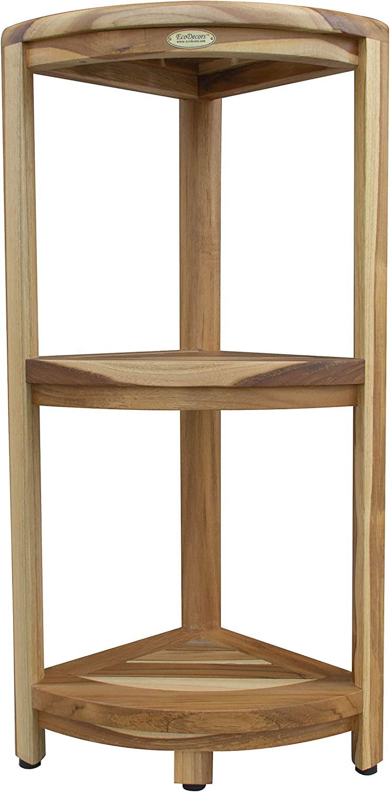EcoDecors Snazzy Corner Teak Shower Corner Shelf 18 Tall Natural Wood Corner Shower Seat Bench with Shelf 60 Degree Oasis Corner Stool in Earthy Teak Finish