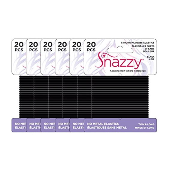 Snazzy Hair Elastics Thin & Long Painless Pony Tail Holders - Yoga Twist - Black - Value Pack 120 Count (6 Pack, 20 Ties Per Card)
