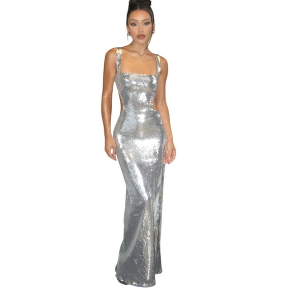 Women’s Silver Sequin Floor-Length Evening Dress – Elegant Backless Cutout Party Gown, Plus Size Available (2025)