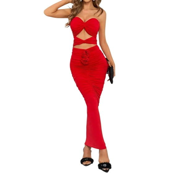 Women’s Red Strapless Cutout Maxi Dress – Sleeveless Ruffled Hem Cocktail & Party Gown, Plus Sizes