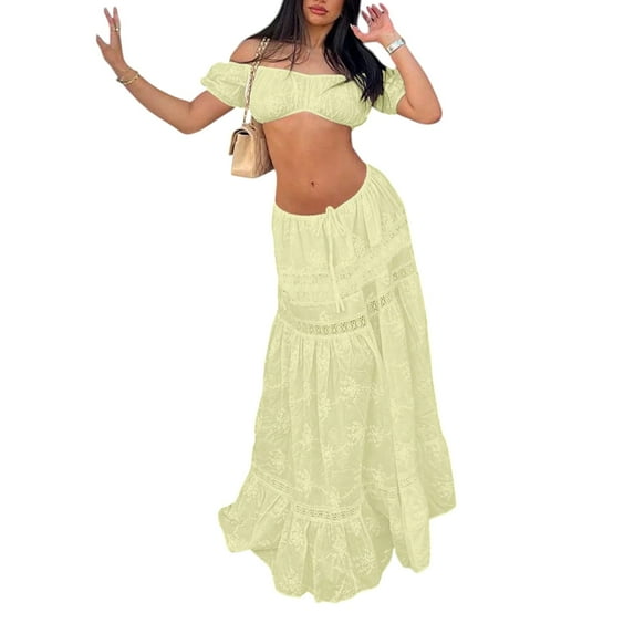 Women’s Boho 2-Piece Beach Set – Off-Shoulder Crop Top & High-Waisted Flowing Maxi Skirt, Plus Size Summer Outfit