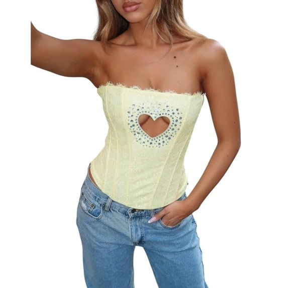 Women’s Yellow Strapless Corset Top – Shiny Shapewear with Gathering Detail, Sexy Sleeveless Party Vest, Plus Size