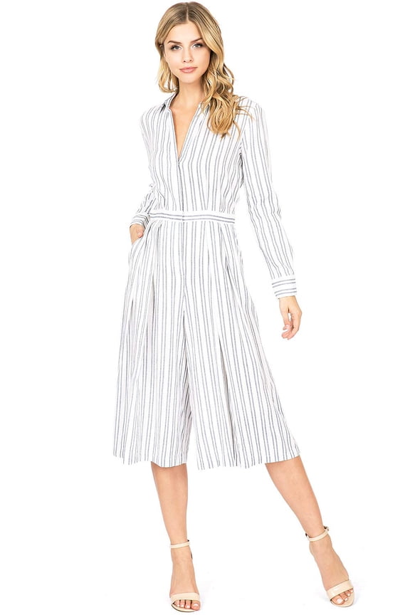 Women's Juniors Cropped Wide Leg Striped Jumpsuit (White, Small)