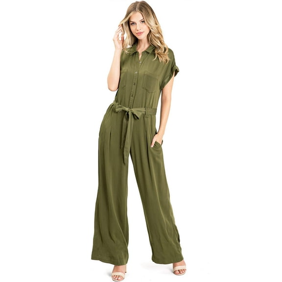 Sneak Peek Women's Wide-Leg Coverall Jumpsuit (Olive, Small)