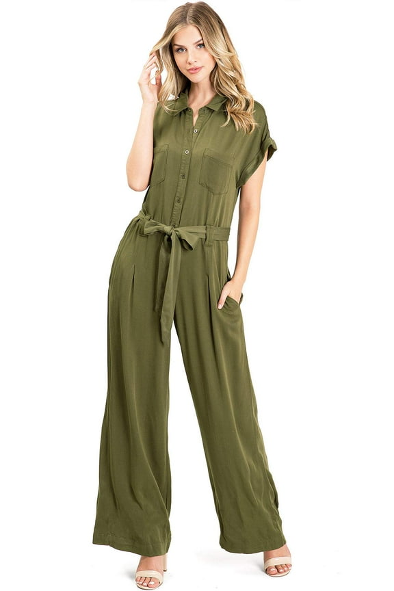 Women's Wide-Leg Coverall Jumpsuit (Olive, Small)