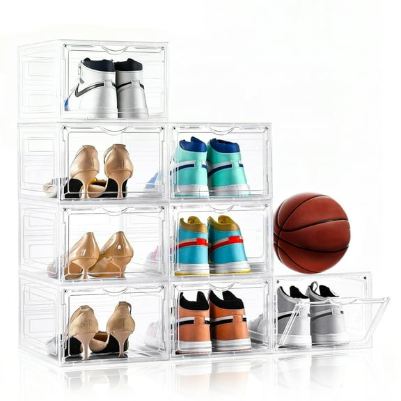 GARITIN 8 Pack Shoe Storage Box with Magnetic Door, Clear Plastic Stackable Shoe Organizer for Closet, Foldable Space-Saving Shoe Box with Lid