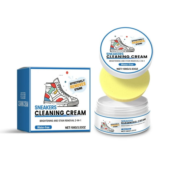 Sneaker Cleaning Cream - 2-in-1 Brightening & Stain Remover for Athletic Shoes,on Leather,Canvas,Rubber Soles,Quick-Acting Formula,No Residue,Fast-Drying (3.53 Oz Kit with Sponges)