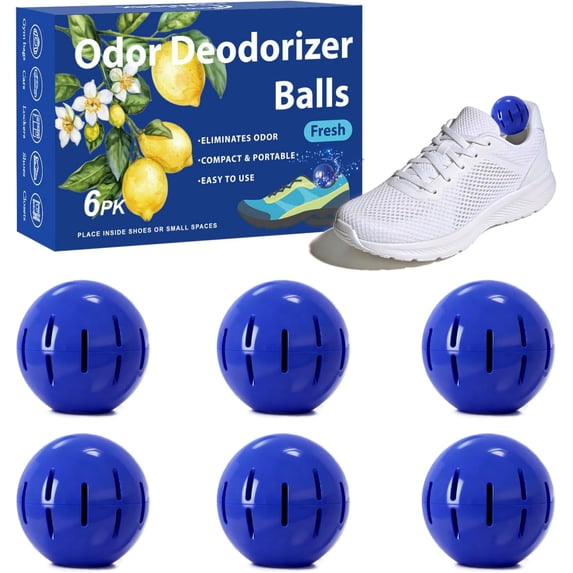 Sneaker Deodorizer Shoe Freshener Balls 6 Pack Fresh Scent, Small Spaces Odor Eliminator for Gym Bags, Cars and Lockers, Long-Lasting Odor Control, No Twist Just Drop In