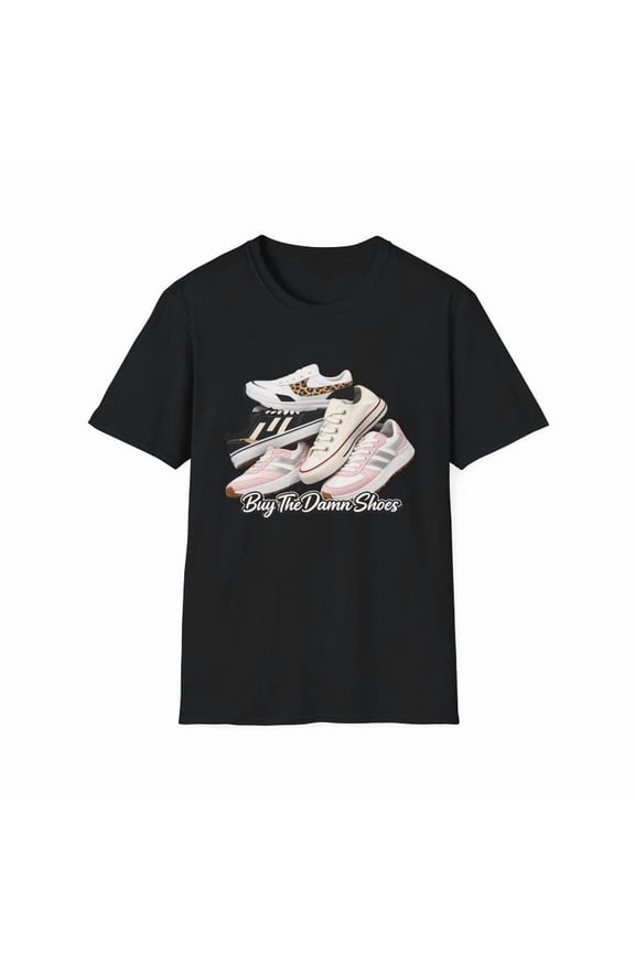 Sneaker Stack Graphic T-Shirt, Retro Trainers Style Tee, “Buy The Damn Shoes” Quote Shirt, Casual Unisex Top