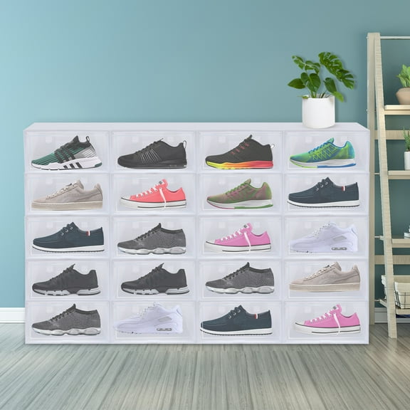 Sneaker Storage Containers 20-Pack - White Stackable Boxes with Label Holder