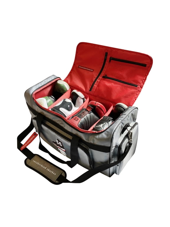 Sneakerhead Large Premium Shoe Bag & GYM, Travel Luggage Duffel Bag with 4 Adjustable Compartments for Sneakers, Clothing (Grey)