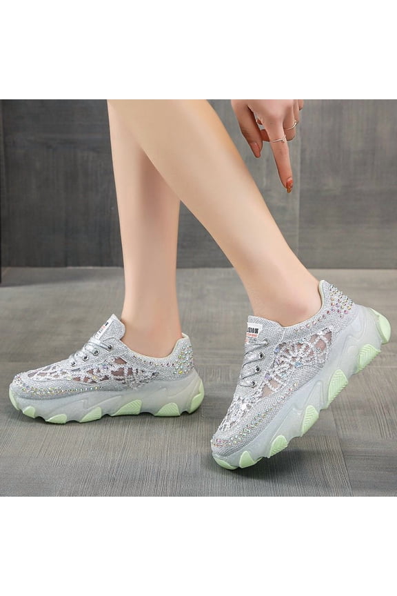 [Sneakers] 2026 Women'S Lightweight Lace-Up Tennis Shoes with Sparkling Bow And Mesh Design for Comfortable Walking