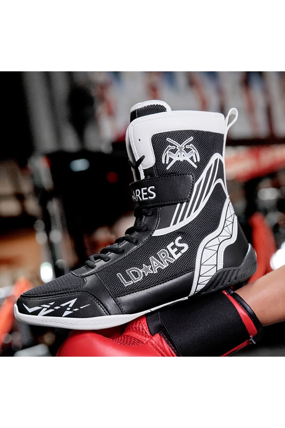 Sneakers, Men's Professional Boxing Training Shoes, High-Top Lace-Up Design, Breathable Mesh Upper, Anti-Slip Rubber Sole, Black/White, Suitable for Gym, Sizes , All-Season Large-Size Boxing Shoes