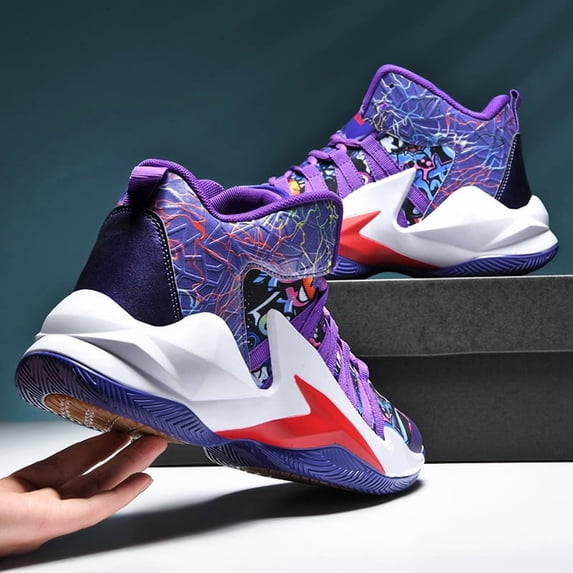 Sneakers, Mens Shoes Breathable Canvas High-top Basketball Shoes, Anti-slip Rubber Sole, Outdoor Cushioning Sports Shoes, Black and Purple Twin-color Lightweight Running Shoes