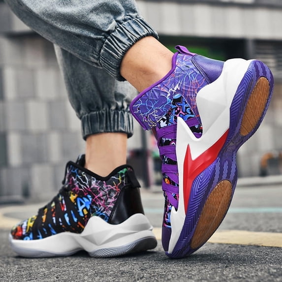 Sneakers, Mens Shoes Breathable Canvas High-top Basketball Shoes, Anti-slip Rubber Sole, Outdoor Cushioning Sports Shoes, Black and Purple Twin-color Lightweight Running Shoes