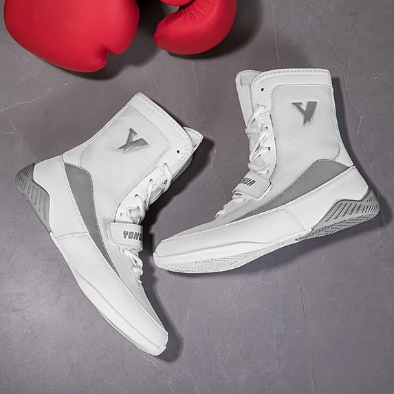 Sneakers, Professional Boxing & Wrestling Shoes - High-Top Training Shoes with Anti-Slip Grip, Breathable Upper, Tear- - All-Season Gym, Competition, Home Use - for Men & Women - Black/ Gray Athletic